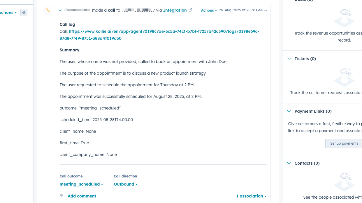 Kollie AI call summary and notes displayed in HubSpot contact record